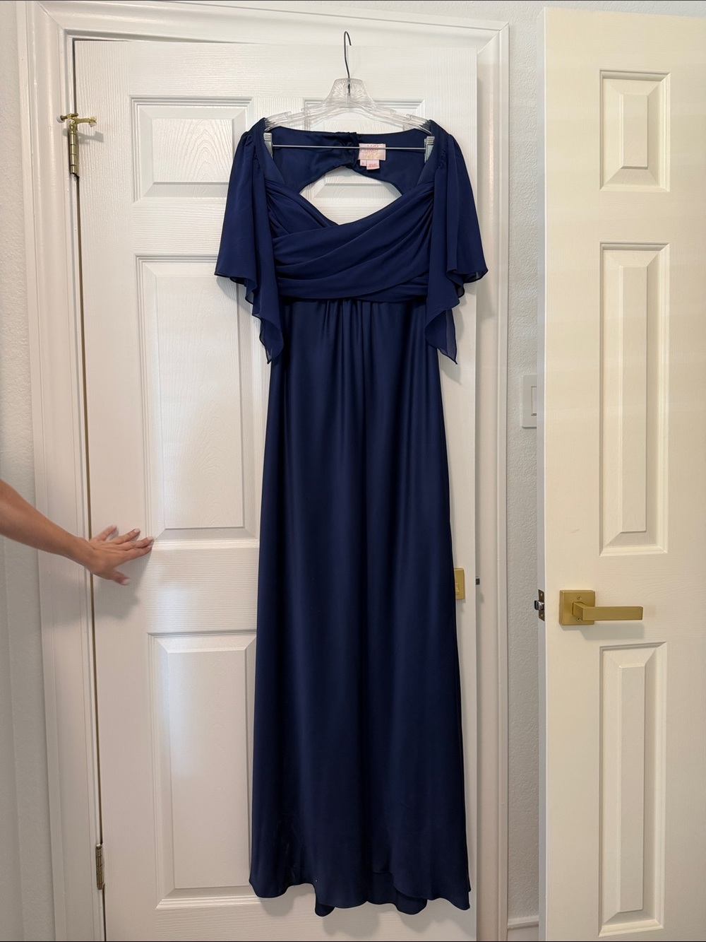 Marc Bouwer Navy Blue Draped Maxi Dress with Cape Sleeves